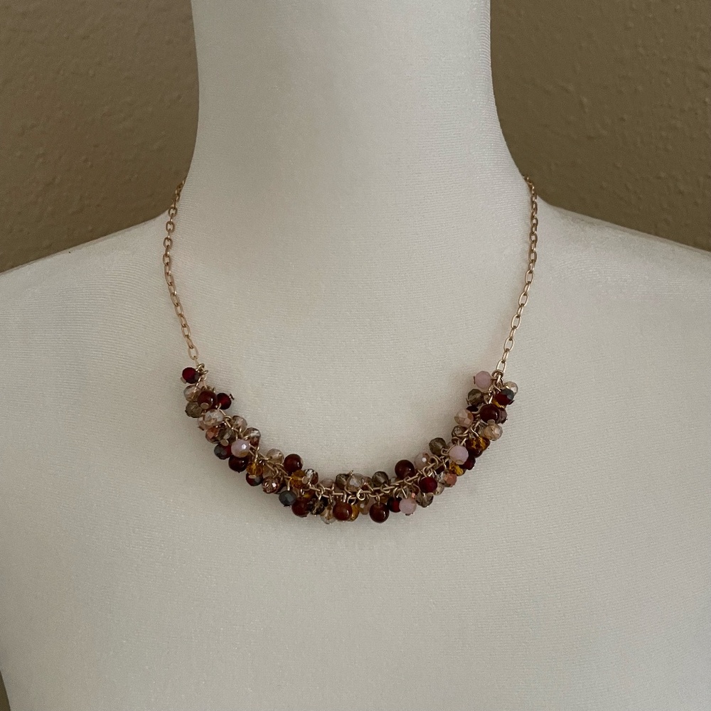 Loft Outlet Brown Beaded Cluster Bib Necklace Golden Chain